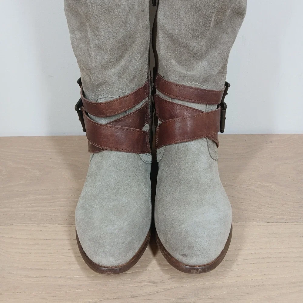 Aldo Knee High Boots Womens 6 Gray Suede Leather Buckle Riding Boho Casual